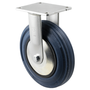 O Series castor, 200mm x 28mm blue rubber wheel, thread guard, plain bearing, fixed North American (NA) plate, 250 kg, load rating