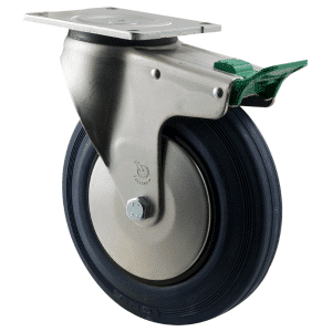O Series castor, 200mm x 28mm blue rubber wheel, thread guard, swivel plate, direction lock, 250 kg, load rating