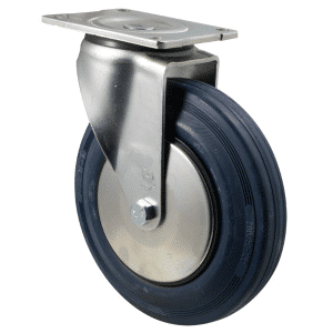 O Series castor, 200mm x 28mm blue rubber wheel, thread guard, plain bearing, swivel North American (NA) plate, 250 kg, load rating