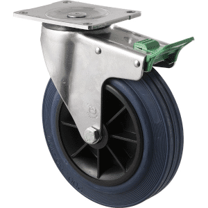 O Series stainless steel castor, 200mm x 25mm blue rubber wheel, swivel plate, direction lock, 250 kg load rating