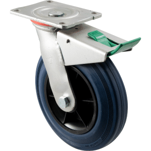 O Series castor, 200mm x 28mm blue non-marking rubber wheel, zinc swivel plate, direction lock, 250 kg, load rating