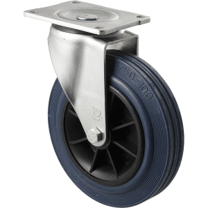 O Series castor, 200mm x 28mm blue non-marking rubber wheel, plain bearing, zinc swivel plate, 250 kg, load rating