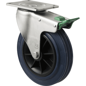 O Series castor, 200mm x 28mm blue non-marking rubber wheel, zinc swivel plate, direction lock, 250 kg, load rating