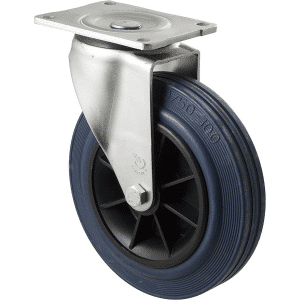 O Series castor, 200mm x 28mm blue non-marking rubber wheel, plain bearing, swivel North American (NA) plate, 250 kg, load rating