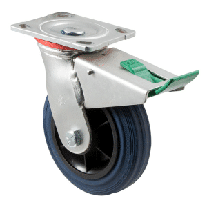 O Series castor, 150mm x 28mm blue non-marking rubber wheel, zinc swivel plate, direction lock, 230 kg load rating