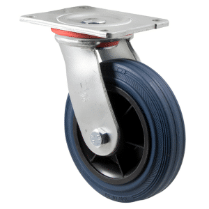 O Series castor, 150mm x 28mm blue non-marking rubber wheel, roller bearing, swivel North American (NA) plate, 230 kg, load rating