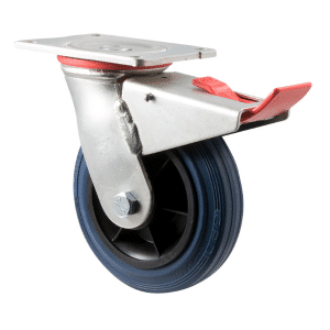 O Series castor, 150mm x 28mm blue non-marking rubber wheel, swivel North American (NA) plate, total brake, 230 kg load rating