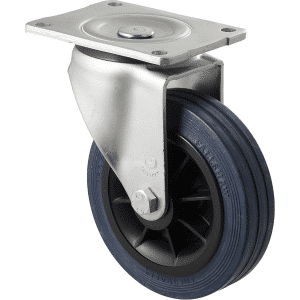 O Series castor, 150mm x 28mm blue non-marking rubber wheel, roller bearing, swivel plate, 230 kg load rating