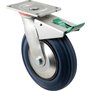 H Series castor, 200mm x 28mm blue rubber wheel, thread guard, swivel plate, direction lock, 250 kg, load rating