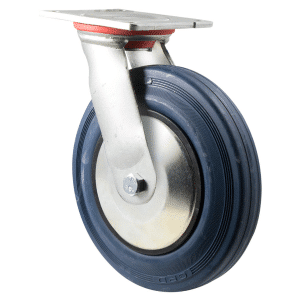 H Series castor, 200mm x 28mm blue rubber wheel, thread guard, roller bearing, swivel North American (NA) plate, 250 kg, load rating