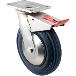 H Series castor, 200mm x 28mm blue rubber wheel, thread guard, swivel North American (NA) plate, total brake, 250 kg load rating