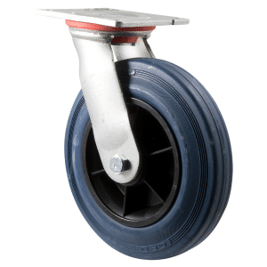 H Series castor, 200mm x 28mm blue non-marking rubber wheel, roller bearing, zinc swivel plate, 250 kg, load rating