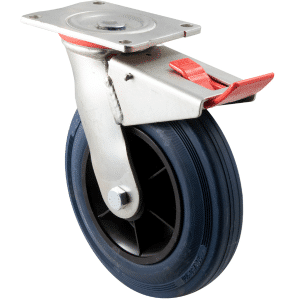 H Series castor, 200mm x 28mm blue high-res non-marking rubber wheel, swivel plate, total brake, 250 kg load rating