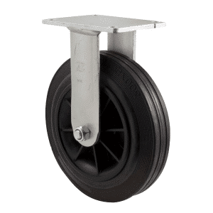 H Series castor, 200mm x 50mm black rubber wheel, plain bearing, fixed plate, 180 kg load rating