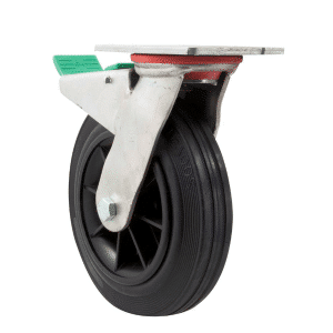 H Series castor, 200mm x 50mm black rubber wheel, plain bearing, swivel plate, direction lock, 180 kg load rating