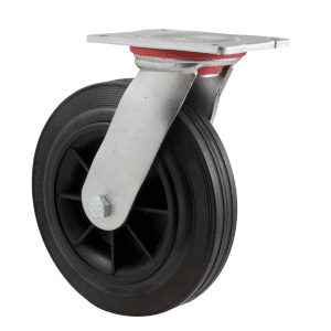 H Series castor, 200mm x 50mm black rubber wheel, plain bearing, North American (NA) swivel plate, 180 kg load rating