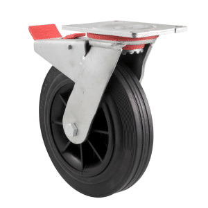 H Series castor, 200mm x 50mm black rubber wheel, plain bearing, North American (NA) swivel plate, total brake, 180 kg load rating