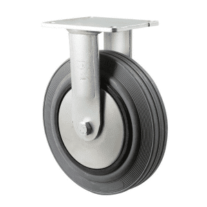 H Series castor, 200mm x 50mm grey rubber wheel, thread guard, plain bearing, fixed plate, 250 kg load rating