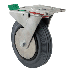 H Series castor, 200mm x 50mm grey rubber wheel, thread guard, swivel plate, direction lock, 250 kg load rating