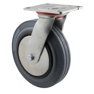H Series castor, 200mm x 50mm grey rubber wheel, thread guard, plain bearing, North American (NA) swivel plate, 250 kg load rating