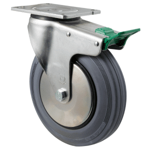 O Series castor, 200mm x 50mm grey rubber wheel, thread guard, swivel plate, direction lock, 250 kg load rating