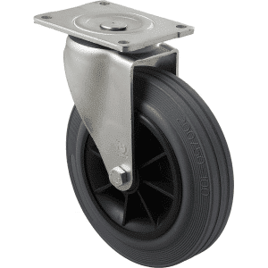 O Series castor, 200mm grey rubber wheel, 50mm tread, plain bearing, North American (NA) swivel plate castor, 250 kg load rating
