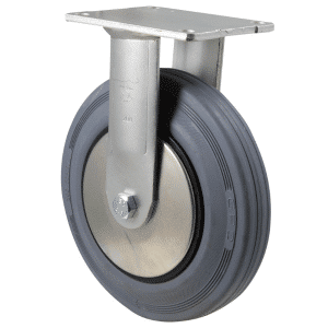 H Series castor, 200mm x 50mm grey rubber wheel, thread guard, roller bearing, fixed plate, 250 kg load rating