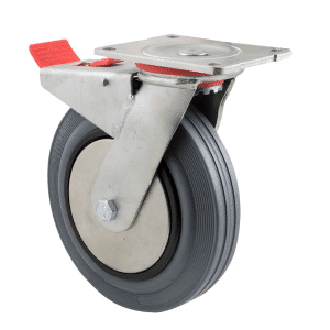 H Series castor, 200mm grey rubber wheel, thread guard, roller bearing, swivel plate, total brake