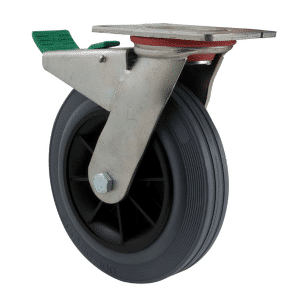 H Series castor, 200mm x 50mm grey rubber wheel, roller bearing, swivel plate, direction lock, 250 kg load rating