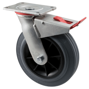 H Series castor, 200mm x 50mm grey rubber wheel, roller bearing, North American (NA) swivel plate, total brake, 250 kg load rating