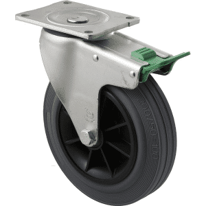 O Series castor, 200mm x 50mm grey rubber wheel, roller bearing, swivel plate, direction lock, 250 kg load rating