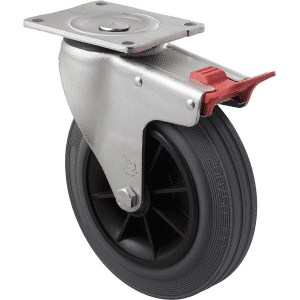 O Series castor, 200mm x 50mm grey rubber wheel, North American (NA) swivel plate, total brake, castor, 250 kg load rating