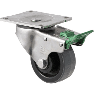 O Series stainless steel specialised castor, 100mm x 32mm polyurethane (PU) on nylon wheel, 300 kg load rating, plain bearing, swivel plate, direction lock.