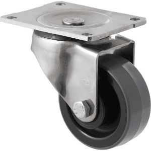 O Series stainless steel specialised castor, 100mm x 32mm polyurethane (PU) on nylon wheel, 300 kg load rating, plain bearing, North American (NA) swivel plate.