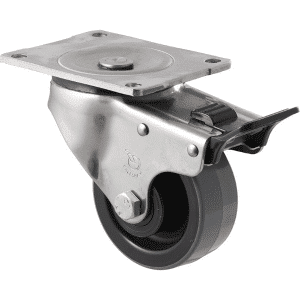 O Series stainless steel specialised castor, 100mm x 32mm polyurethane (PU) on nylon wheel, 300 kg load rating, plain bearing, North American (NA) swivel plate, total brake.