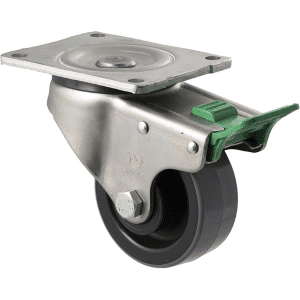 O Series castor, 100mm x 32mm polyurethane (PU) on nylon wheel, 300 kg load rating, plain bearing, North American (NA) swivel plate, direction lock.