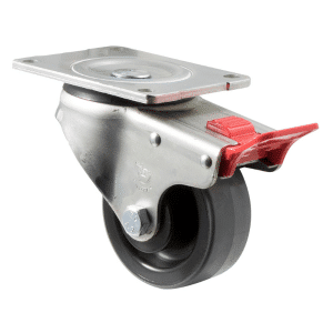 O Series castor, 100mm x 32mm polyurethane (PU) on nylon wheel, 300 kg load rating, plain bearing, swivel plate, total brake.