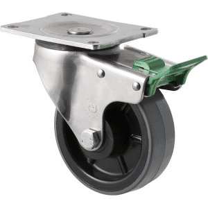 O Series stainless steel specialised castor, 125mm x 40mm polyurethane (PU) on nylon wheel, 350 kg load rating, plain bearing, North American (NA) swivel plate, direction lock.