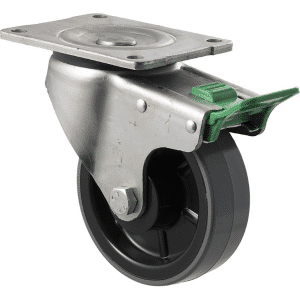 O Series castor, 125mm x 40mm polyurethane (PU) on nylon wheel, 350 kg load rating, plain bearing, swivel plate, direction lock.