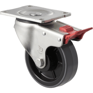 O Series castor, 125mm x 40mm polyurethane (PU) on nylon wheel, 350 kg load rating, plain bearing, North American (NA) swivel plate, total brake.