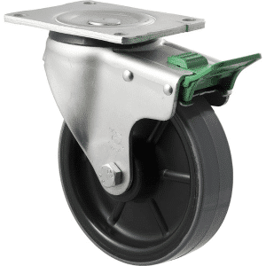 O Series castor, 150mm x 40mm polyurethane (PU) on nylon wheel, 450 kg load rating, plain bearing, swivel plate, direction lock, zinc castor.