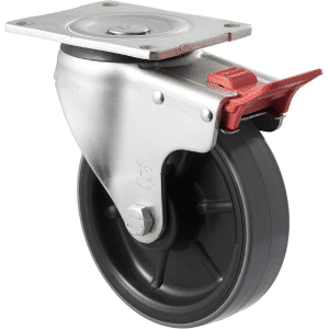 O Series castor, 150mm x 40mm polyurethane (PU) on nylon wheel, 450 kg load rating, plain bearing, swivel North American (NA) plate, total brake, zinccastor.