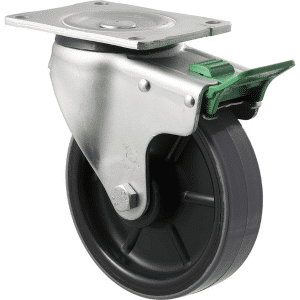 O Series castor, 150mm x 40mm polyurethane (PU) on nylon wheel, 450 kg load rating, plain bearing, swivel plate, direction lock.