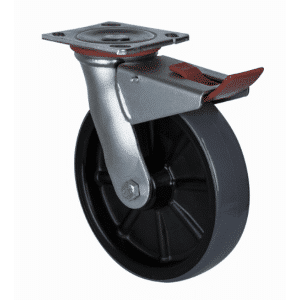 H Series castor, 200mm x 48mm polyurethane (PU) on nylon wheel, plain bearing, swivel plate, zinc fork with total brake, 500 kg load rating.