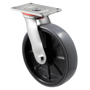 H Series castor, 200mm x 48mm polyurethane (PU) on nylon wheel, plain bearing, swivel plate, zinc fork, 500 kg load rating.