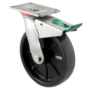 H Series castor, 200mm x 48mm polyurethane (PU) on nylon wheel, plain bearing, swivel plate, zinc fork, direction lock, 500 kg load rating.