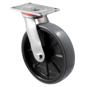 H Series castor, 200mm x 48mm polyurethane (PU) on nylon wheel, plain bearing, North American (NA) swivel plate, zinc fork, 500 kg load rating.