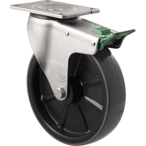 O Series castor, 200mm x 48mm polyurethane (PU) on nylon wheel, plain bearing, swivel plate, zinc fork, direction lock, 500 kg load rating.