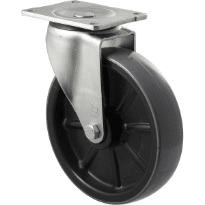 O Series castor, 200mm x 48mm polyurethane (PU) on nylon wheel, plain bearing, North American (NA) swivel plate, zinc fork, 500 kg load rating.