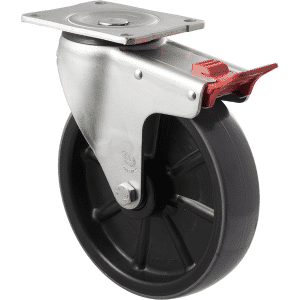 O Series castor, 200mm x 48mm polyurethane (PU) on nylon wheel, plain bearing, North American (NA) swivel plate, zinc fork with total brake, 500 kg load rating.